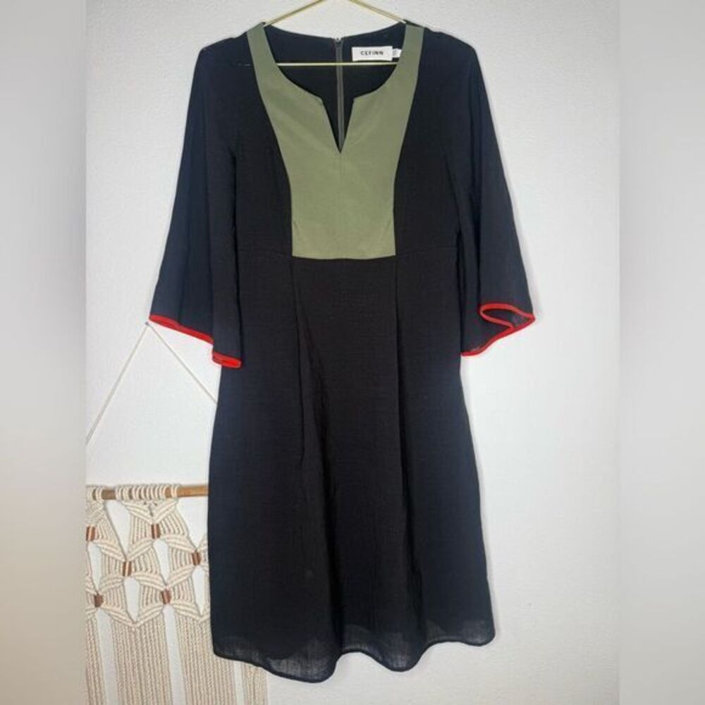 Cefinn Twill-Paneled Voile Dress Bell Sleeve Peasant milkmaid Black Olive Green